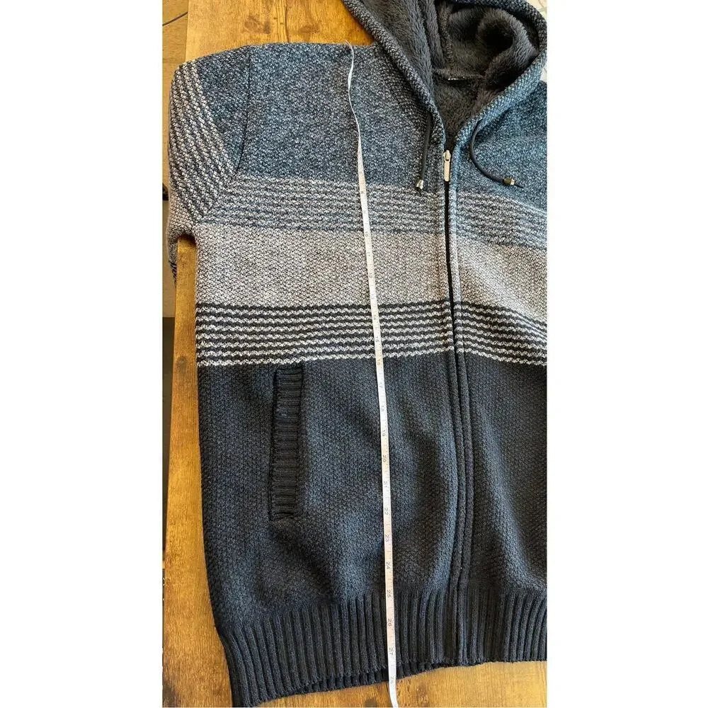 Mens Blue Color block Striped Fleece-Lined Full Zipper Jacket Hooded - Picture 7 of 11